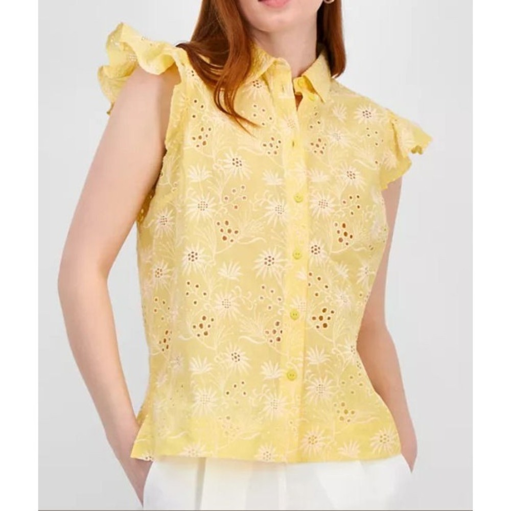 T Tahari Women's Cotton Eyelet Flutter Sleeve Collared Blouse - Yellow - Large